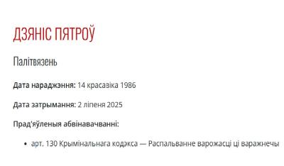 У спісах вызваленых палітвязняў, якім было дазволена застацца ў Беларусі, – Дзяніс Пятроў, жыхар Дуброўна